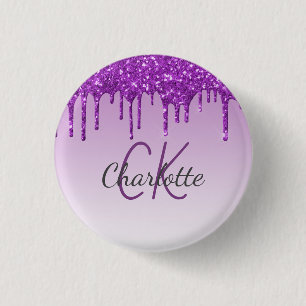 Purple glitter drips monogram name script 1 inch round button