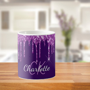Purple glitter drips monogram name script coffee mug
