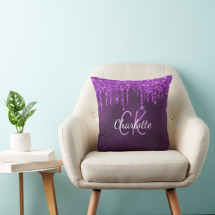 Purple glitter drips monogram name throw pillow