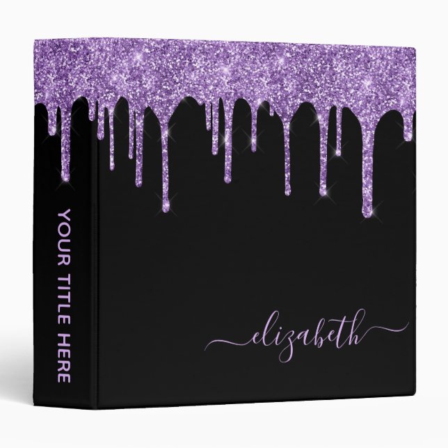 Purple Glitter Drips Personalized Black Binder (Front/Spine)
