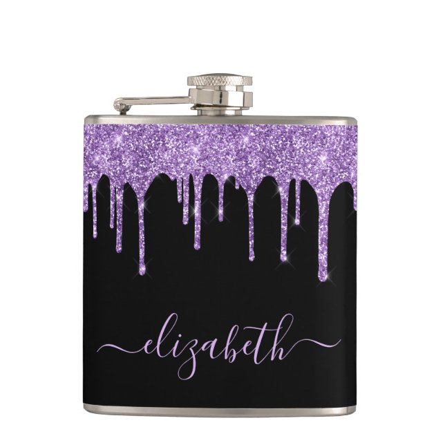 Purple Glitter Drips Personalized Black Flask (Front)