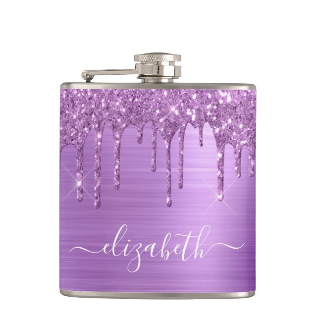 Purple Glitter Drips Personalized Hip Flask (Front)