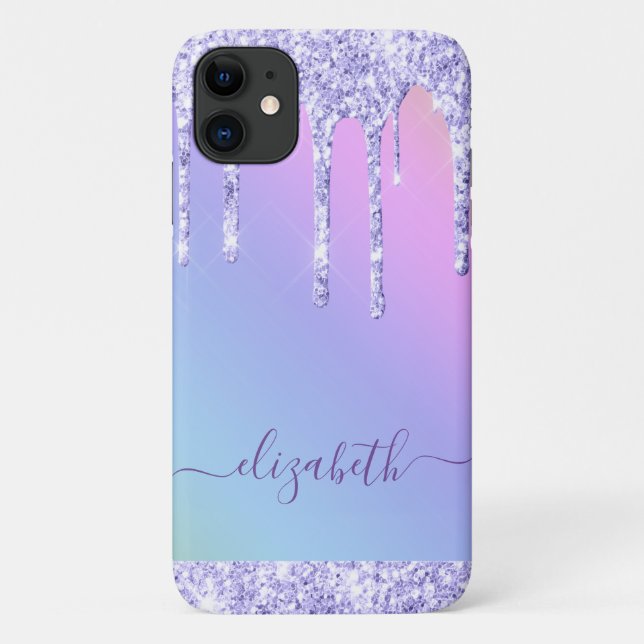 Purple Glitter Drips Personalized Rainbow Case-Mate iPhone Case (Back)
