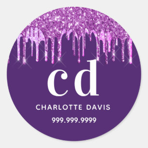 Purple glitter drips pink name classic round sticker