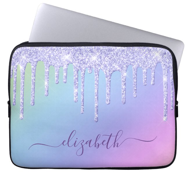 Purple Glitter Drips Rainbow Custom Laptop Sleeve (Front)