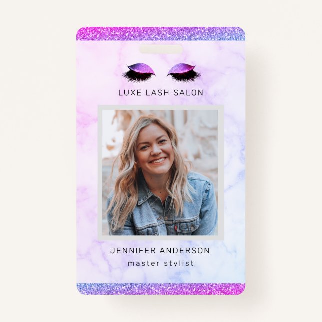 Purple Glitter Drips Salon Logo Photo Stylist Badge (Front)