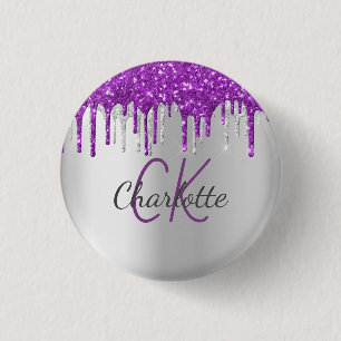 Purple glitter drips silver monogram name 1 inch round button