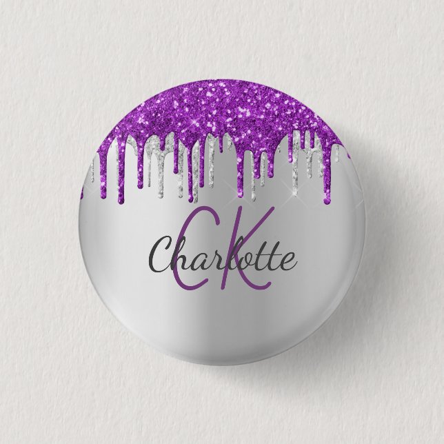 Purple glitter drips silver monogram name 1 inch round button (Front)