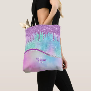 Purple Glitter Drips & Sparkle, Name & Monogram Tote Bag