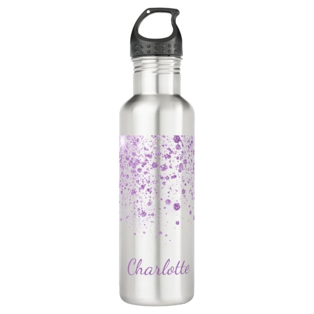 Purple glitter drops monogram white script 710 ml water bottle (Front)