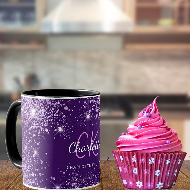 Purple glitter dust monogram name script mug (Creator Uploaded)