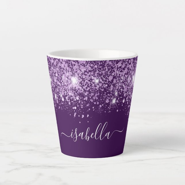 Purple glitter dust name monogram script latte mug (Front)