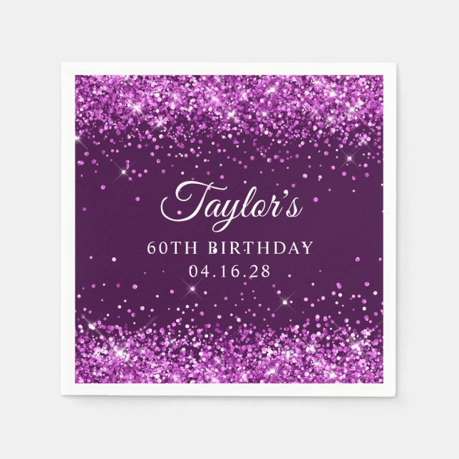 Purple Glitter Eggplant 60th Birthday Napkin (Front)