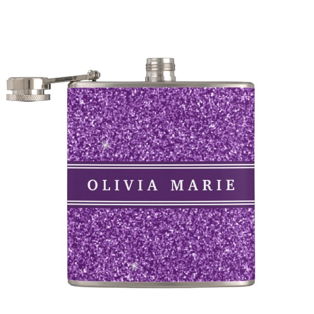 Purple Glitter (faux) Personalized Name Hip Flask (Opened)