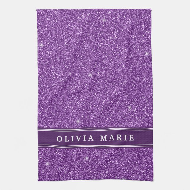 Purple Glitter (faux) Personalized Name Kitchen Towel (Vertical)