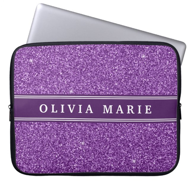 Purple Glitter (faux) Personalized Name Laptop Sleeve (Front)