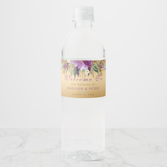 Purple Glitter Flowers Diamonds Gold Wedding Water Bottle Label (Front)