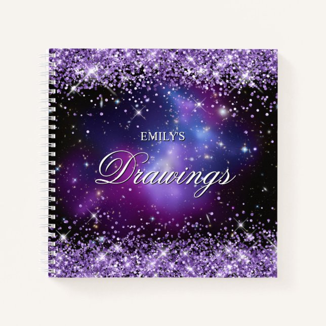 Purple Glitter Galaxy Cluster Drawing Notebook (Front)