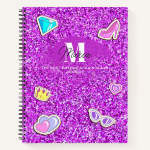 Purple Glitter Girly Monogram Name Sketchbook Notebook