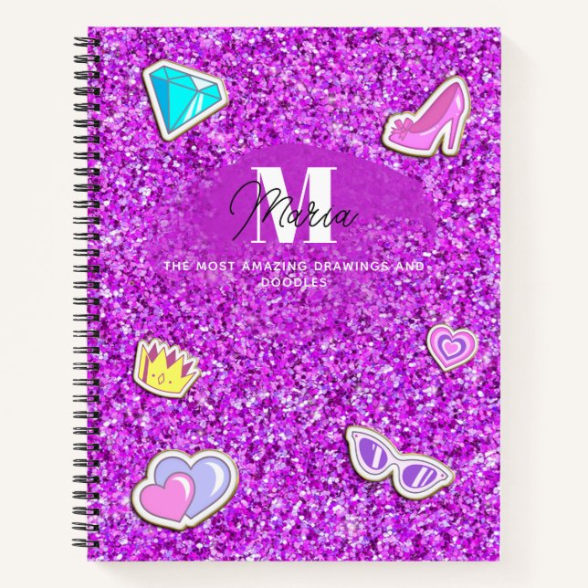 Purple Glitter Girly Monogram Name Sketchbook Notebook (Front)
