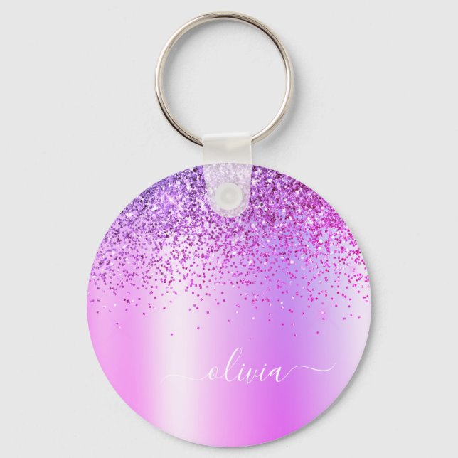 Purple Glitter Glam Metal Monogram Name Keychain (Front)