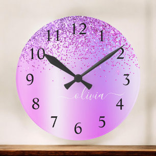 Purple Glitter Glam Metal Monogram Name Round Clock