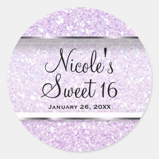 Purple Glitter Glam Sweet 16 Custom Party Favour Classic Round Sticker (Front)
