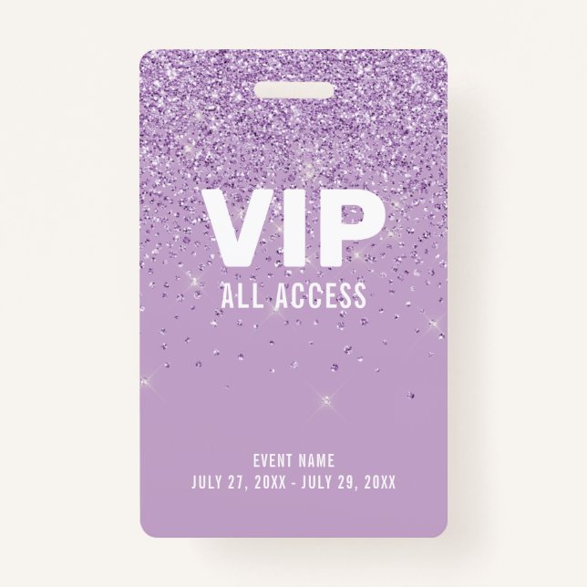 Purple Glitter Glam VIP All Access Pass Event ID Badge (Front)