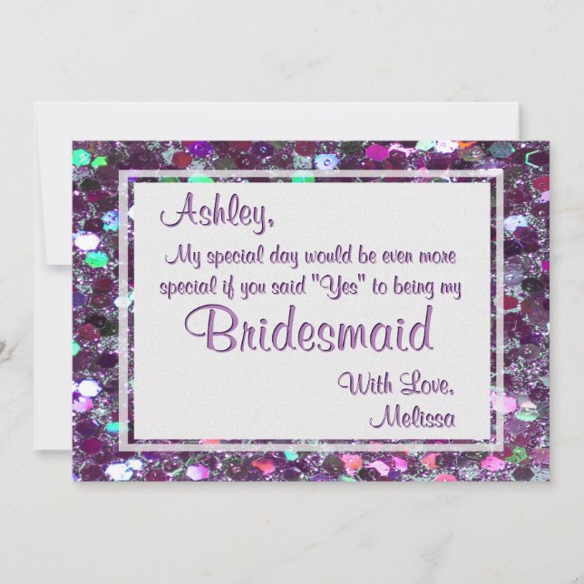 Purple Glitter Glam Will You Be My Bridesmaid Invitation (Front)