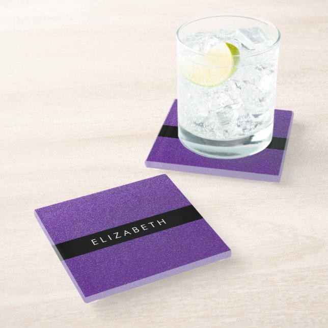 Purple Glitter, Glitter Background, Your Name Glass Coaster (Angled)