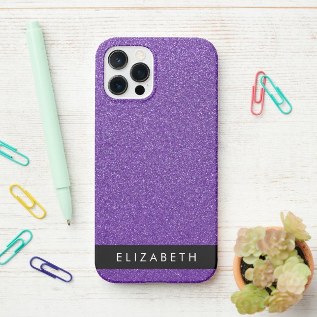 Purple Glitter, Glitter Background, Your Name iPhone Case (On Desk)