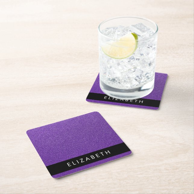 Purple Glitter, Glitter Background, Your Name Square Paper Coaster (Insitu)
