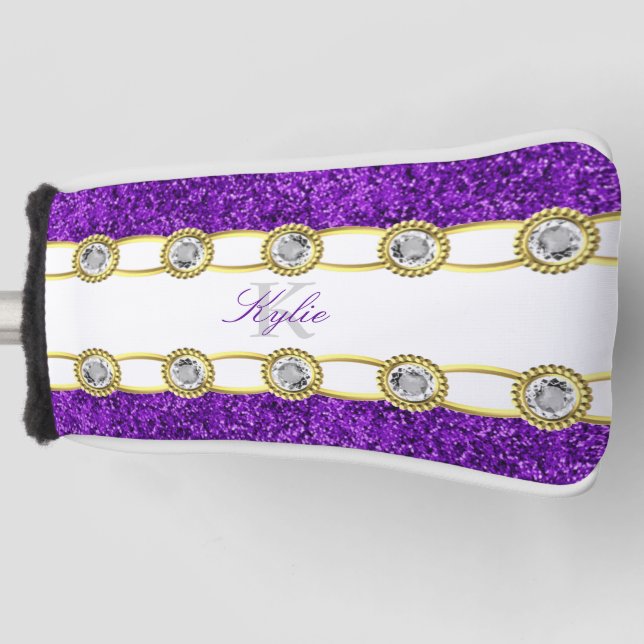 Purple Glitter Gold Jewels Monogram Name Putter Golf Head Cover (Front)