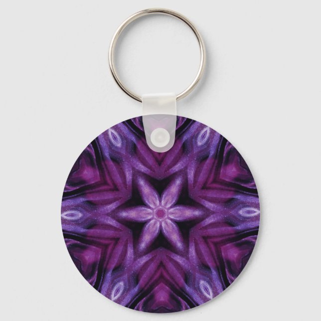 Purple Glitter Heart & Flower Kaleidoscope Pattern Keychain (Front)