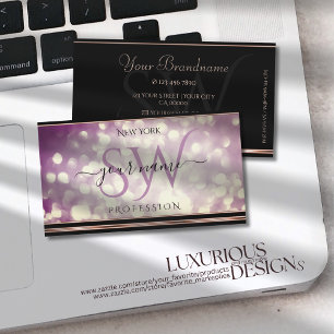 Purple Glitter Initials Black Rose Gold Border Business Card