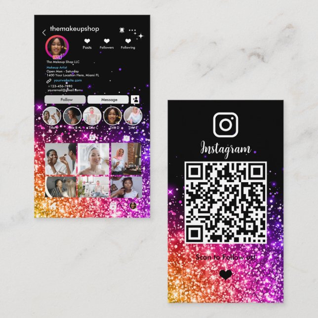 Purple Glitter | Instagram QR Code Business Card (Front/Back)