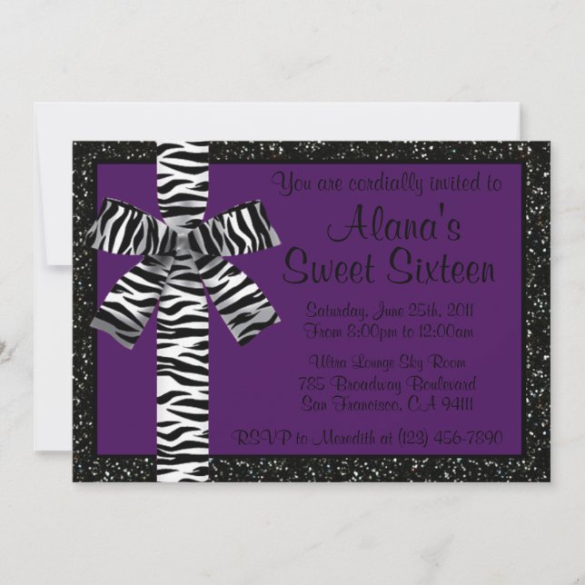 Purple Glitter Invite With Zebra Print Bow (Front)