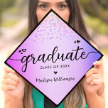 Purple Glitter Jewels Chic Modern Script Hearts Graduation Cap Topper<br><div class="desc">Your favourite grad will stand out and make a statement when they wear this graduation cap topper! Let them celebrate their milestone with this girly, stunning, simple, modern, custom graduation keepsake. A fun, playful visual of black script handwriting and cute, playful hearts, along with her name and class year, overlay...</div>