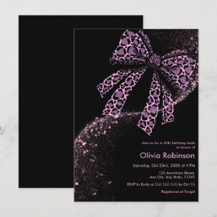 Purple Glitter Leopard Print Bow 50th Birthday Invitation