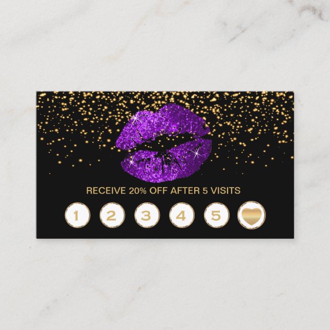 Purple Glitter Lips Loyalty Cards on Black (Front)
