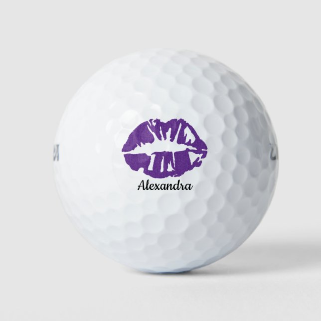 Purple Glitter Lipstick Girly Kiss Custom Name Golf Balls (Front)
