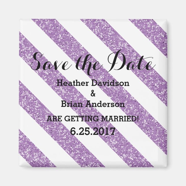 Purple Glitter Look Stripes Save the Date Magnet (Front)