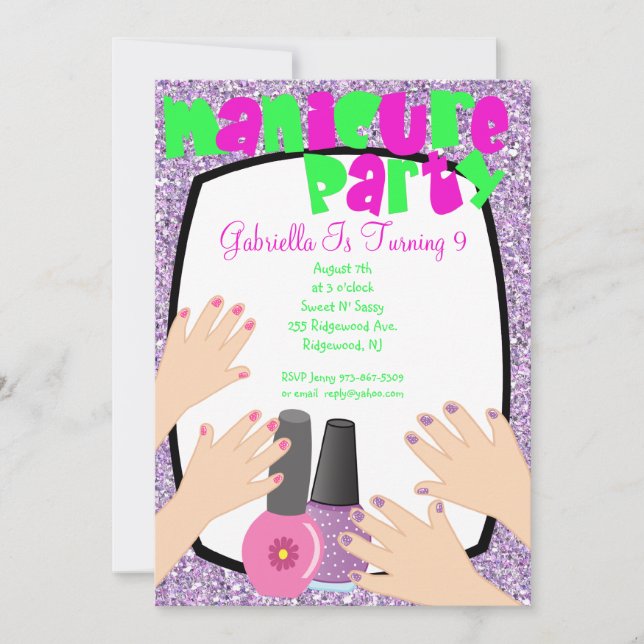 Purple Glitter Manicure Spa Birthday Party Invitation (Front)