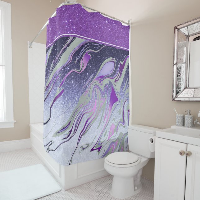 Purple glitter marble shower curtain (In Situ)