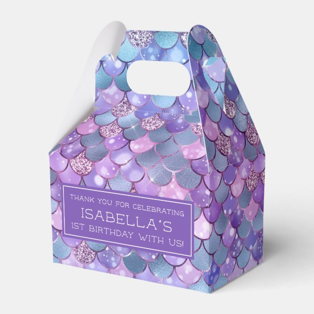 Purple Glitter Mermaid 1st Birthday Party Favor Box (Front Side)
