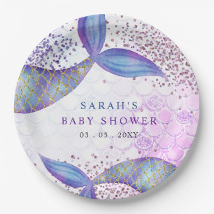 Purple Glitter Mermaid Baby Shower Paper Plate