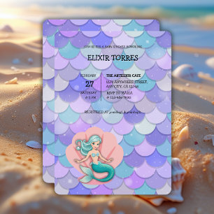 Purple Glitter Mermaid Under the Sea Baby Shower Invitation