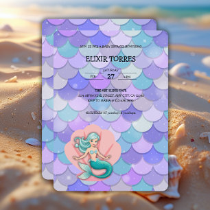 Purple Glitter Mermaid Under the Sea Baby Shower Invitation