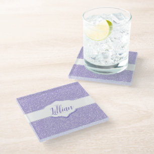Purple Glitter Monogram Glass Coaster