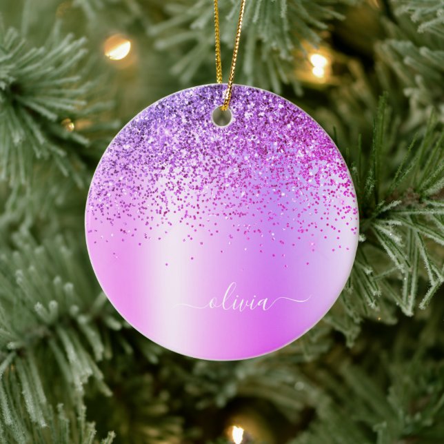 Purple Glitter Monogram Name Luxury Girly Ceramic Ornament (Tree)